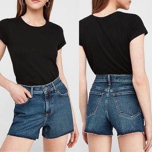 Express Midi High Rise Raw Hem Jean Shorts